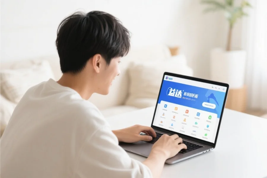 一位年轻用户在明亮舒适的室内环境中愉快地使用笔记本电脑，屏幕上展示富邦客户端新版界面